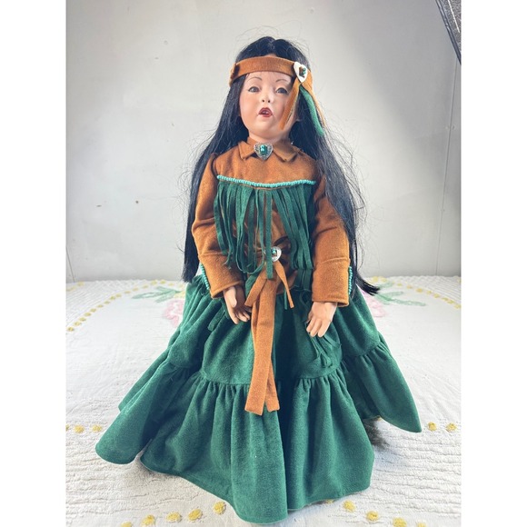 Native American Style Doll Collectible Porcelain Doll in Green Dress - Picture 1 of 9
